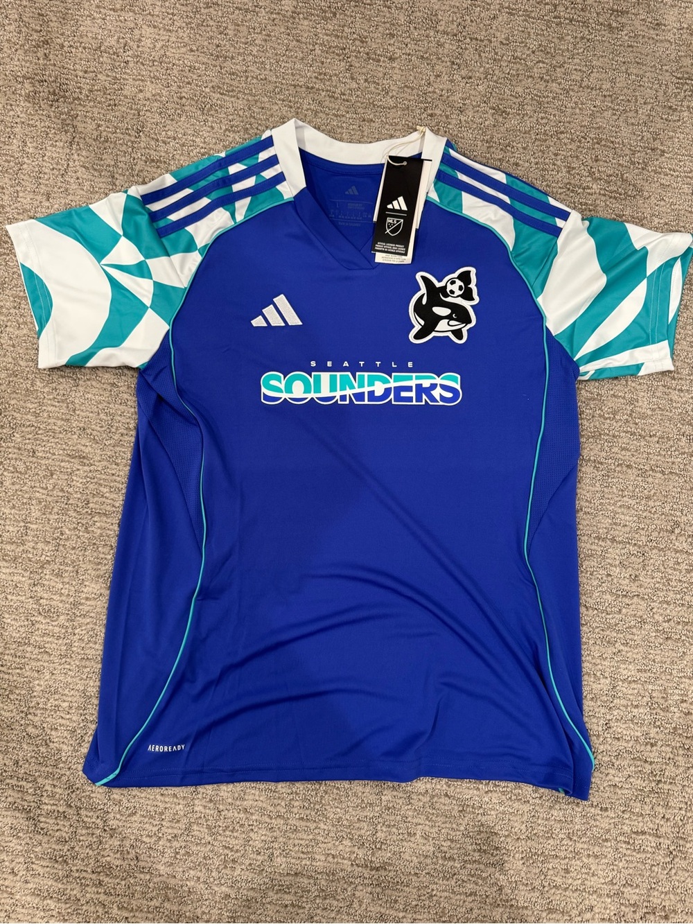 adidas Blue & Teal Seattle Sounders women's Soccer Jersey new. Nwt